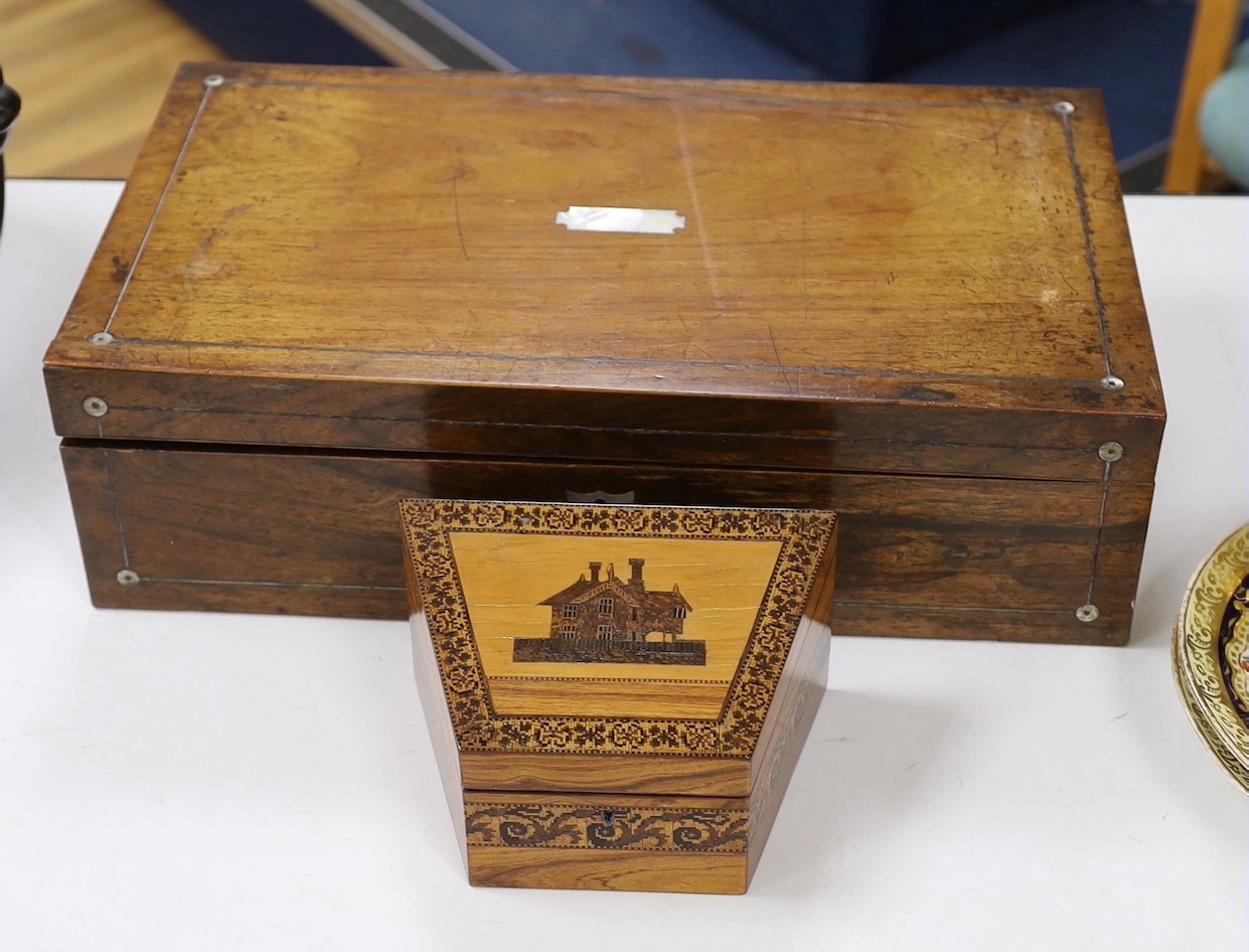 A Tunbridge ware gaugework ‘Hurst Wood Cottage’ rosewood stationery box, and a 19th century mother of pearl inset writing slope - 46cms x 26cms